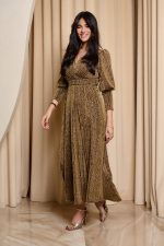 Φόρεμα maxi lurex με ζώνη χρυσό - Image 3