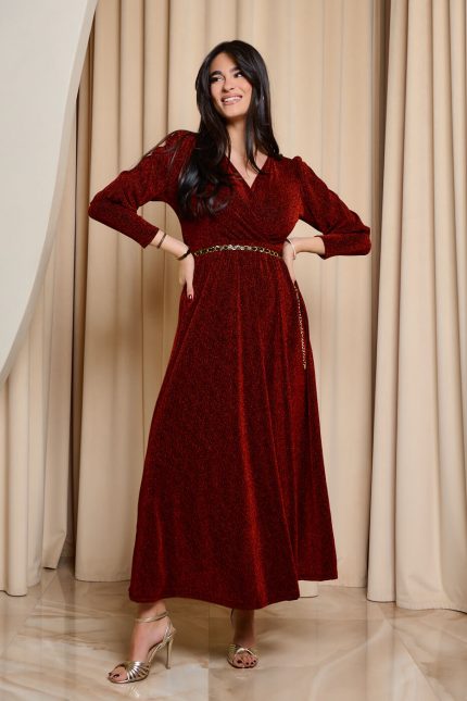 Φόρεμα maxi lurex με ζώνη κόκκινο