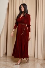 Φόρεμα maxi lurex με ζώνη κόκκινο - Image 3