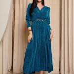 Φόρεμα maxi lurex με ζώνη πετρόλ