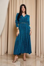Φόρεμα maxi lurex με ζώνη πετρόλ