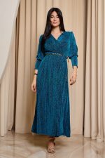 Φόρεμα maxi lurex με ζώνη πετρόλ - Image 2