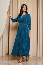 Φόρεμα maxi lurex με ζώνη πετρόλ - Image 3