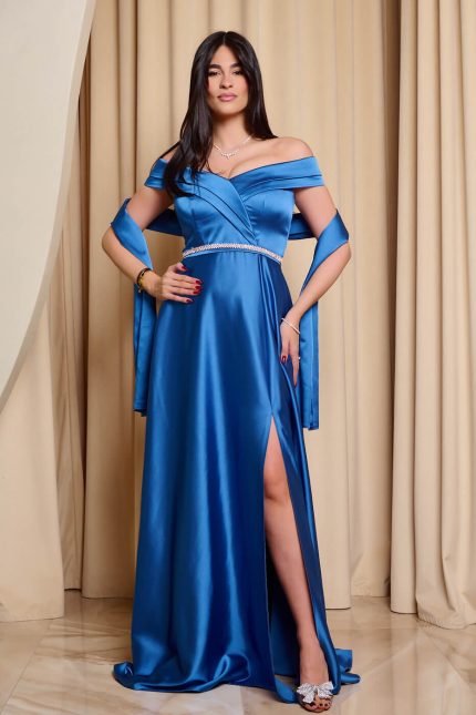Φόρεμα maxi off shoulder σατέν με κρουαζέ μπούστο indigo