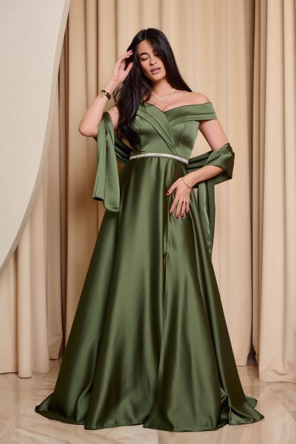 Φόρεμα maxi off shoulder σατέν με κρουαζέ μπούστο olive