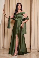 Φόρεμα maxi off shoulder σατέν με κρουαζέ μπούστο olive - Image 5
