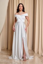 Φόρεμα maxi off shoulder σατέν με κρουαζέ μπούστο άσπρο
