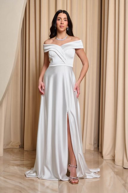 Φόρεμα maxi off shoulder σατέν με κρουαζέ μπούστο άσπρο
