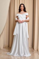 Φόρεμα maxi off shoulder σατέν με κρουαζέ μπούστο άσπρο - Image 2