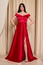 Φόρεμα maxi off shoulder σατέν με κρουαζέ μπούστο κόκκινο - Image 2