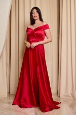 Φόρεμα maxi off shoulder σατέν με κρουαζέ μπούστο κόκκινο - Image 3