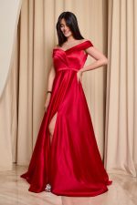 Φόρεμα maxi off shoulder σατέν με κρουαζέ μπούστο κόκκινο - Image 4