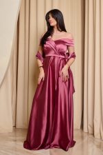 Φόρεμα maxi off shoulder σατέν με κρουαζέ μπούστο σάπιο μήλο - Image 3