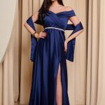Φόρεμα maxi off shoulder σατέν με κρουαζέ μπούστο navy blue