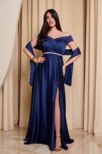 Φόρεμα maxi off shoulder σατέν με κρουαζέ μπούστο navy blue