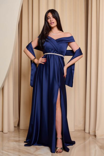Φόρεμα maxi off shoulder σατέν με κρουαζέ μπούστο navy blue