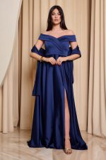 Φόρεμα maxi off shoulder σατέν με κρουαζέ μπούστο navy blue - Image 2