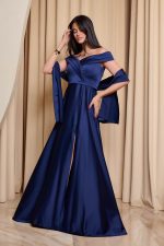 Φόρεμα maxi off shoulder σατέν με κρουαζέ μπούστο navy blue - Image 4