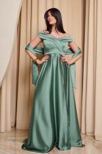 Φόρεμα maxi off shoulder σατέν με κρουαζέ μπούστο μέντα - Image 2