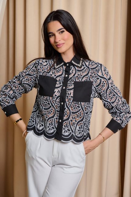 Πουκάμισο με κιπούρ δαντέλα και διακοσμημένο γιακά μαύρο