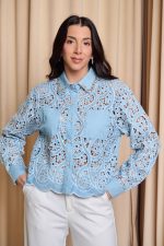 Πουκάμισο με κιπούρ δαντέλα και διακοσμημένο γιακά γαλάζιο - Image 3