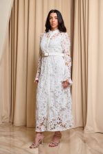 Φόρεμα midi κιπούρ με ζώνη άσπρο - Image 3