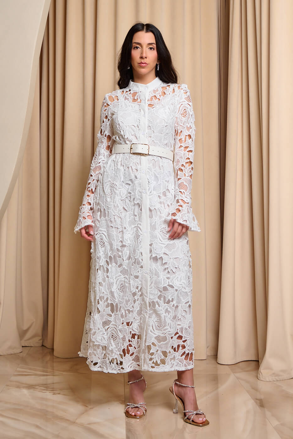 GA-2140-1 Φόρεμα midi κιπούρ με ζώνη άσπρο