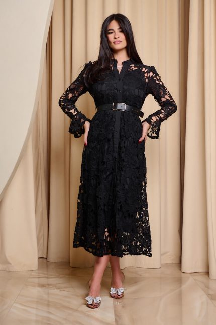 Φόρεμα midi κιπούρ με ζώνη μαύρο