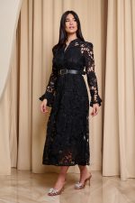 Φόρεμα midi κιπούρ με ζώνη μαύρο - Image 4