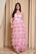 Φόρεμα maxi με τούλι και διαδοχικά βολάν ροζ - Image 2