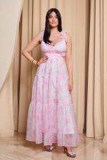 Φόρεμα maxi με τούλι και cut out baby pink
