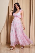 Φόρεμα maxi με τούλι και cut out baby pink - Image 4