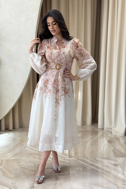 Φόρεμα midi με floral print και ζώνη εκρού