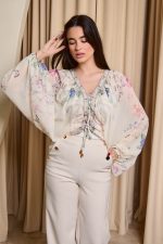 Μπλούζα see through floral με μανίκι νυχτερίδα εκρού - Image 2