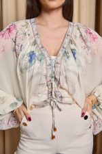 Μπλούζα see through floral με μανίκι νυχτερίδα εκρού - Image 6