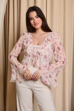 Μπλούζα floral με βολάν και δέσιμο σομόν