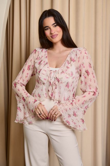Μπλούζα floral με βολάν και δέσιμο σομόν
