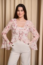 Μπλούζα floral με βολάν και δέσιμο σομόν - Image 2