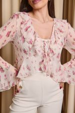 Μπλούζα floral με βολάν και δέσιμο σομόν - Image 7