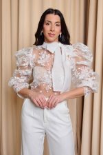 Μπλούζα see through με κεντήματα και φιόγκο άσπρη