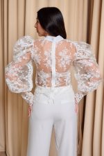 Μπλούζα see through με κεντήματα και φιόγκο άσπρη - Image 6