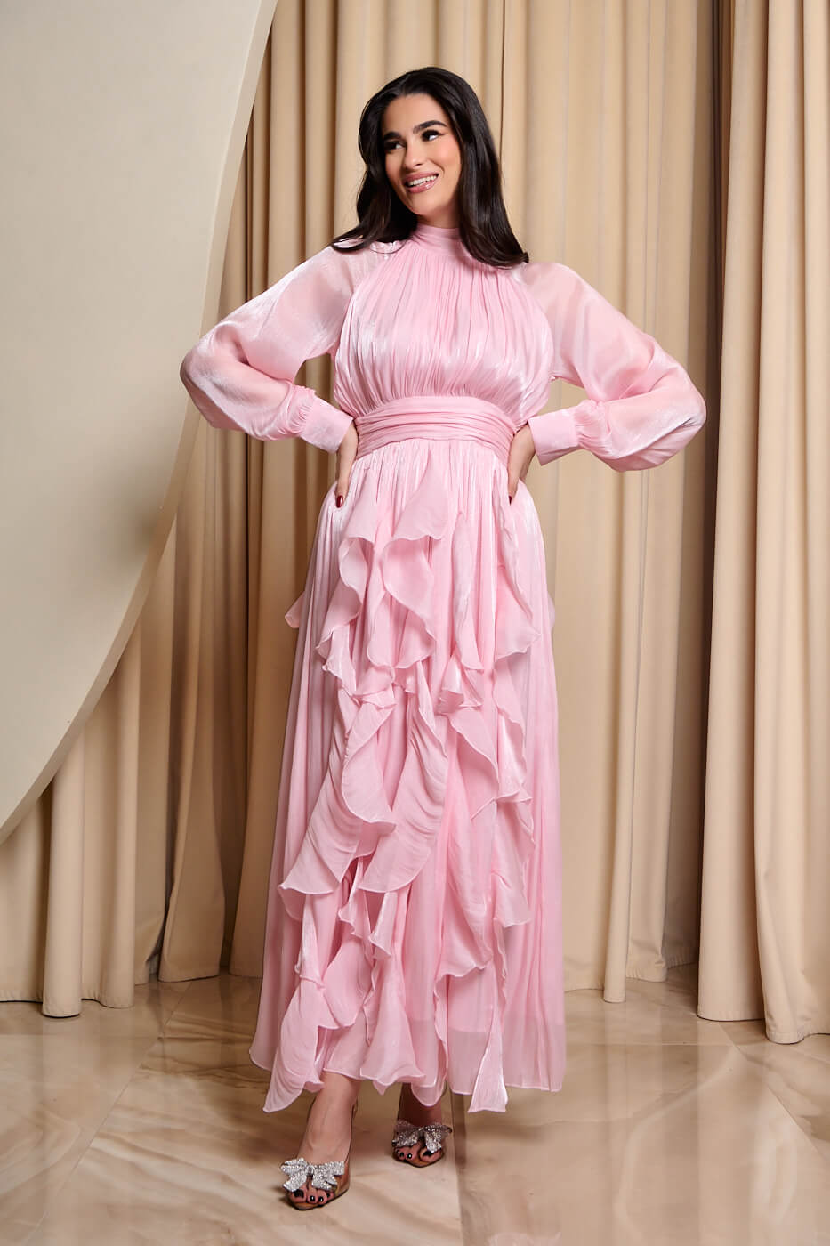 Φόρεμα maxi με βολάν baby pink