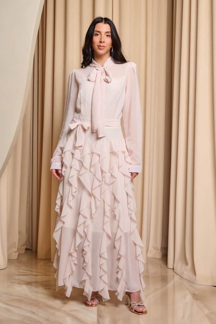 Φόρεμα maxi με βολάν και ζώνη μπεζ