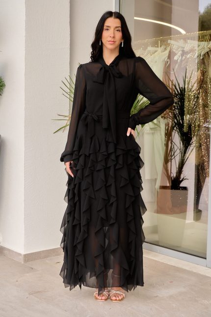 Φόρεμα maxi με βολάν και ζώνη μαύρο