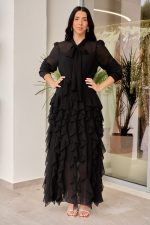 Φόρεμα maxi με βολάν και ζώνη μαύρο - Image 2