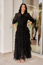 Φόρεμα maxi με βολάν και ζώνη μαύρο - Image 3