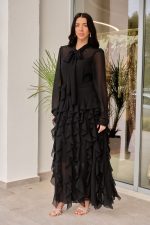 Φόρεμα maxi με βολάν και ζώνη μαύρο - Image 4