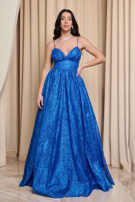 Φόρεμα maxi μπλε ρουα με τρισδιάστατο γκλίτερ