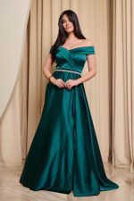 Φόρεμα maxi off shoulder σατέν με κρουαζέ μπούστο κυπαρισσί - Image 2