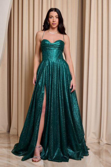 Φόρεμα maxi με κορσέ και τρισδιάστατο γκλίτερ κυπαρισσί